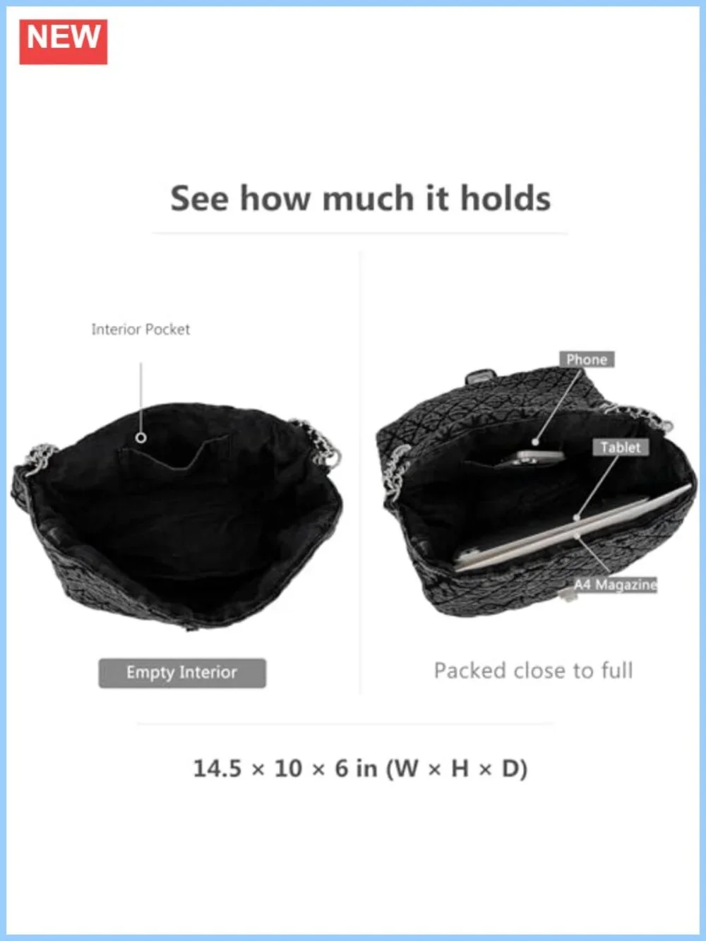 Quilted Washed Denim Hobo Bag with Chain Straps - Large